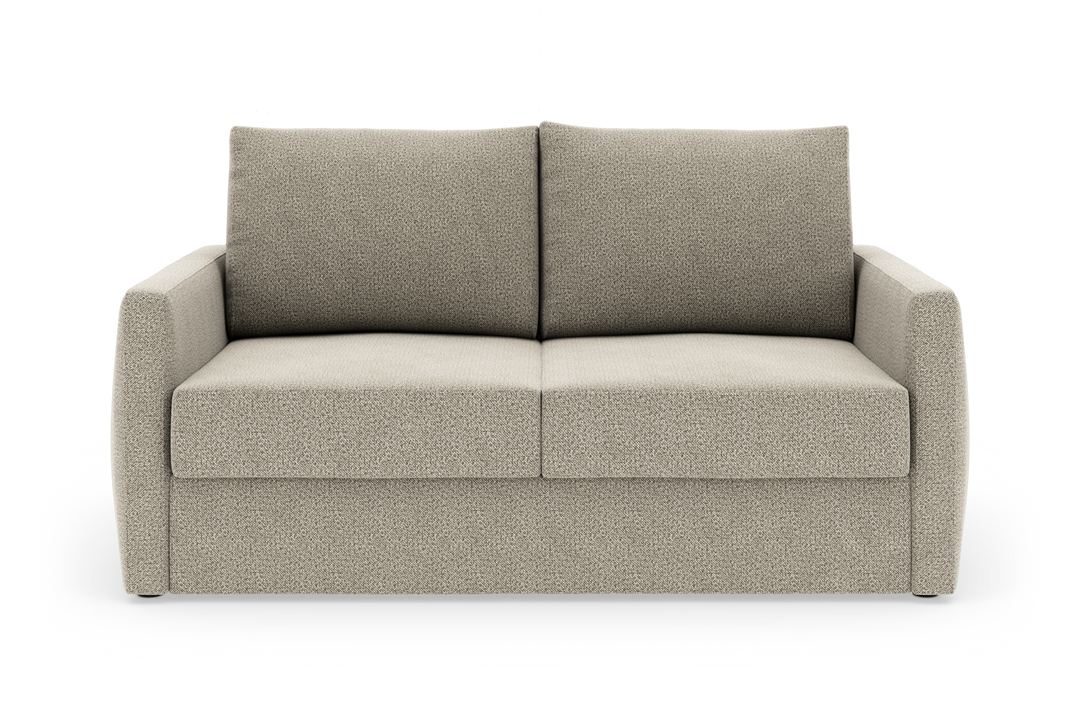 Beige stofsofa med to sæde- og ryghynder, frontvisning på hvid baggrund.