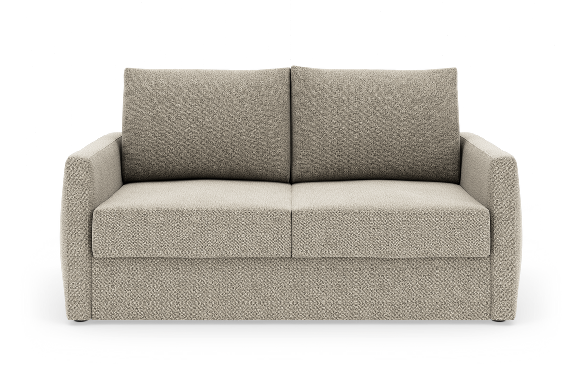 Beige stofsofa med to sæde- og ryghynder, frontvisning på hvid baggrund.