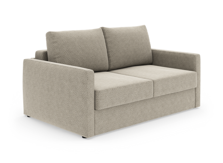 To-personers beige sofa med lige armlæn og løse ryghynder på hvid baggrund.