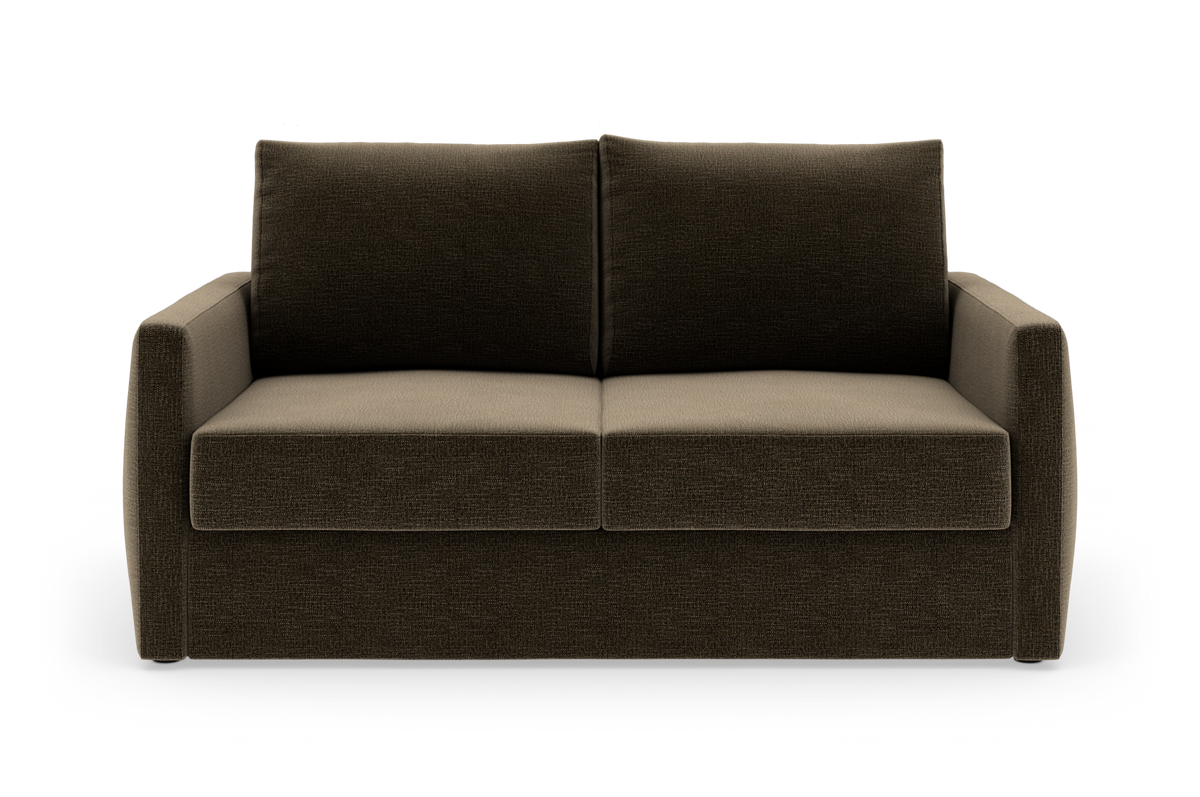 Mørkebrun 2-personers sofa med lige armlæn, frontvisning på hvid baggrund.
