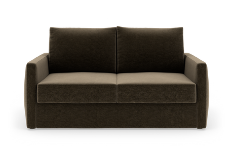 Mørkebrun 2-personers sofa med lige armlæn, frontvisning på hvid baggrund.