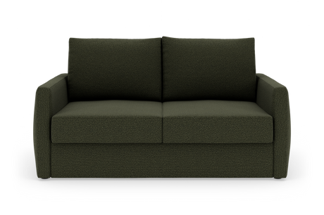 Mørkegrøn 2-personers sofa med rene linjer og brede armlæn, frilagt set direkte forfra.