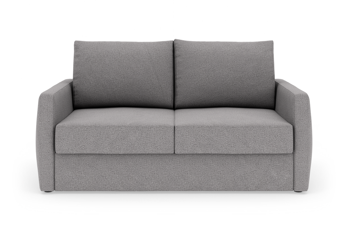 Grå 2-personers sofa med lige armlæn og to ryghynder, frilagt på hvid baggrund.