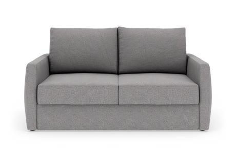 Grå 2-personers sofa med lige armlæn og to ryghynder, frilagt på hvid baggrund.