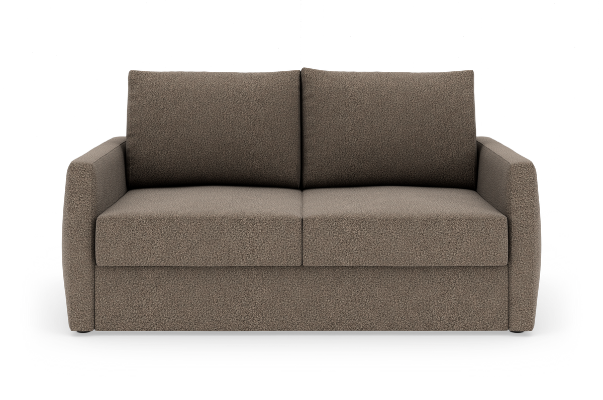 Topersoners sofa i brun‑beige stof, set forfra på hvid baggrund.