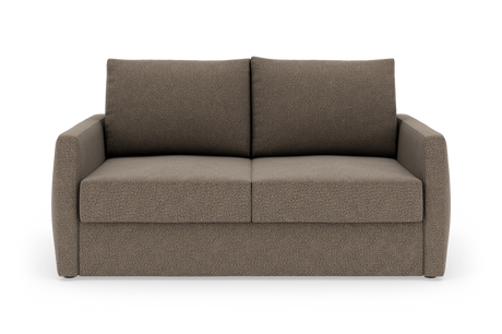 Topersoners sofa i brun‑beige stof, set forfra på hvid baggrund.