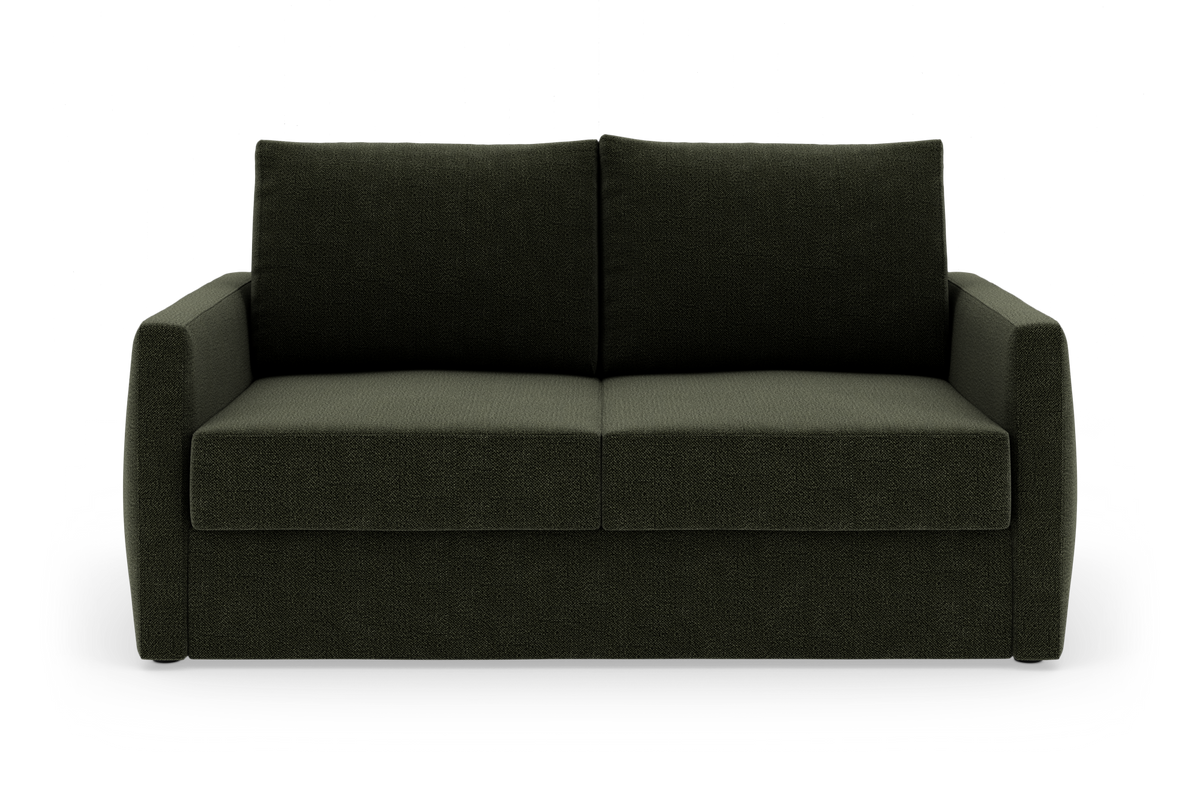 Mørkegrøn, moderne 2-personers sofa med lige armlæn, set forfra på hvid baggrund.