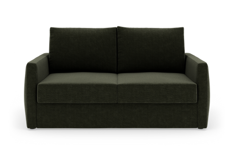 Mørkegrøn, moderne 2-personers sofa med lige armlæn, set forfra på hvid baggrund.