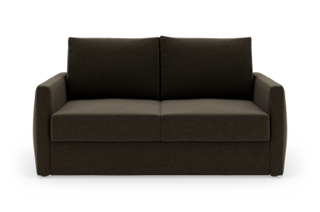Mørkebrun 2-personers stofsofa, set forfra på frilagt hvid baggrund.