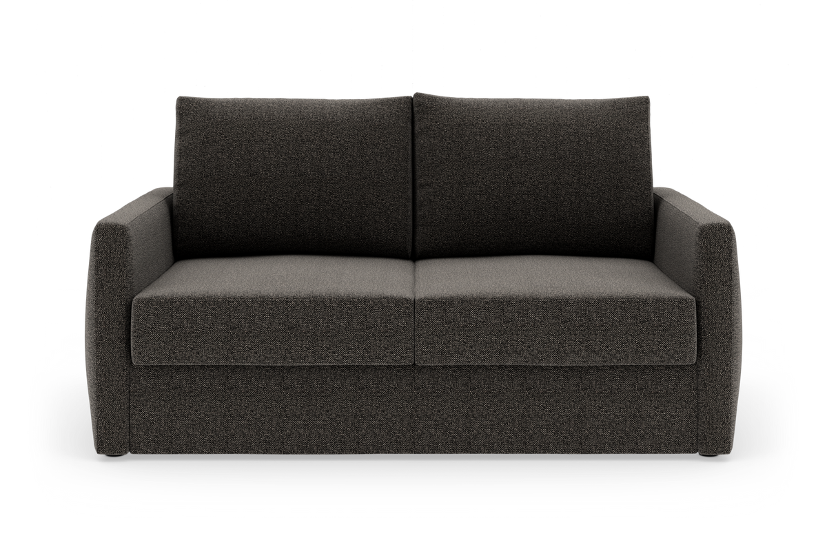 Mørkegrå 2-personers sofa med lige armlæn, frilagt på hvid baggrund.