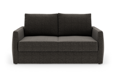 Mørkegrå 2-personers sofa med lige armlæn, frilagt på hvid baggrund.