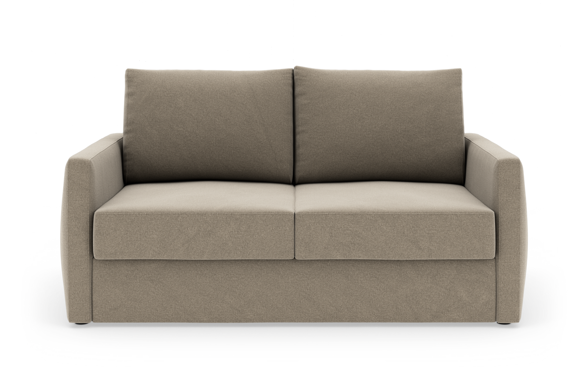 Beige 2-personers sofa med lige armlæn, fritlagt på hvid baggrund.