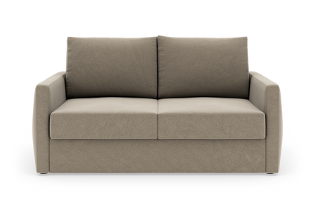 Beige 2-personers sofa med lige armlæn, fritlagt på hvid baggrund.