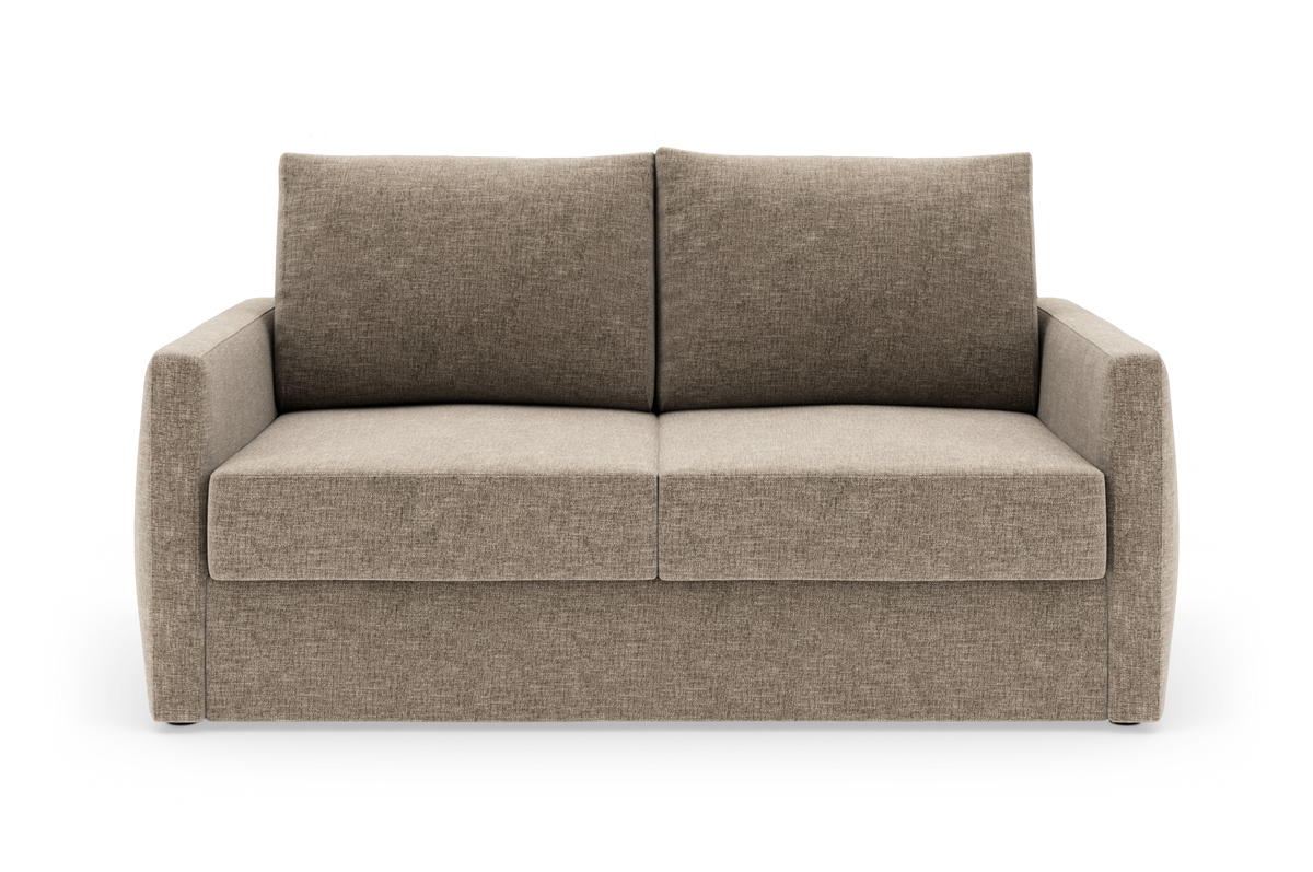 Beige 2-personers stofsofa med lige armlæn og to ryghynder, set forfra mod hvid baggrund.