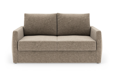 Beige 2-personers stofsofa med lige armlæn og to ryghynder, set forfra mod hvid baggrund.