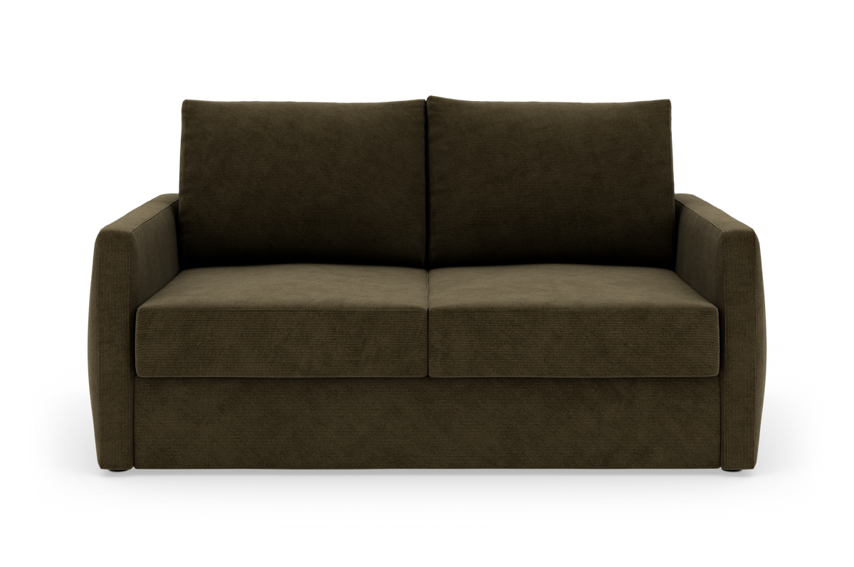Mørk olivgrøn/brun 2-personers sofa set forfra på hvid baggrund.