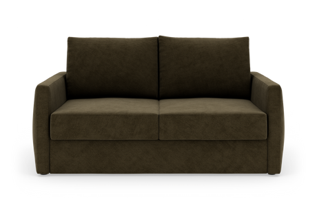 Mørk olivgrøn/brun 2-personers sofa set forfra på hvid baggrund.