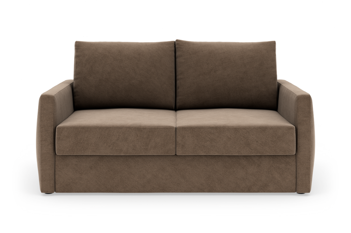 Brun 2-personers stofsofa, frilagt mod hvid baggrund, set lige forfra.