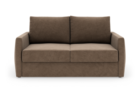 Brun 2-personers stofsofa, frilagt mod hvid baggrund, set lige forfra.