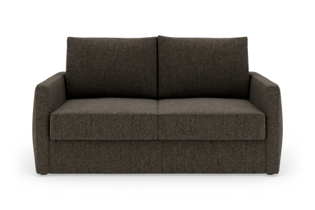 Mørkebrun 2-personers stofsofa set forfra mod hvid studiobaggrund.