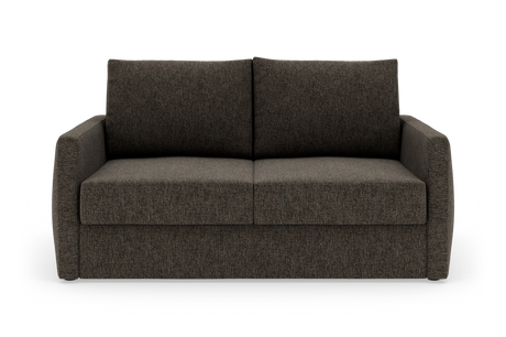 Mørkebrun 2-personers stofsofa, frilagt på hvid baggrund med lige armlæn og to ryghynder.