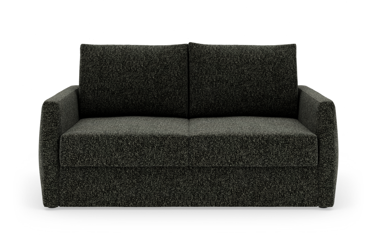 Mørkegrå 2-personers stofsofa set forfra mod hvid studiebaggrund.
