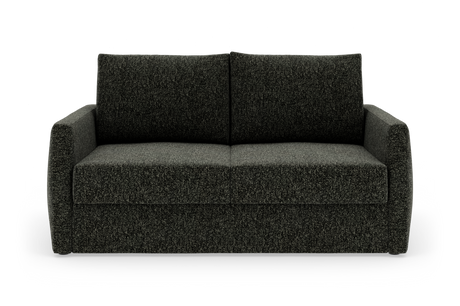 Mørkegrå 2-personers stofsofa set forfra mod hvid studiebaggrund.