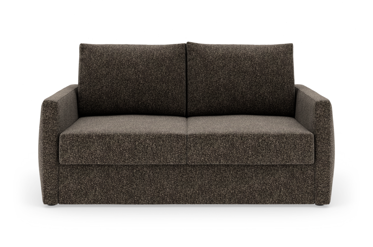 Tosædet sofa i mørkebrunt stof, frilagt mod hvid baggrund i lige frontvisning.