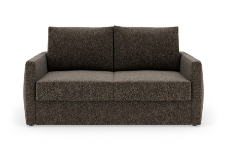 Tosædet sofa i mørkebrunt stof, frilagt mod hvid baggrund i lige frontvisning.