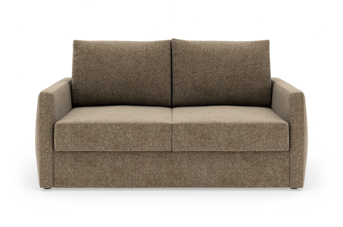 Tosæders brun stofsofa i frontvisning på hvid baggrund.