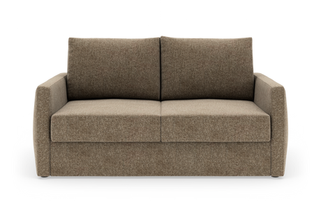 Tosæders brun stofsofa i frontvisning på hvid baggrund.
