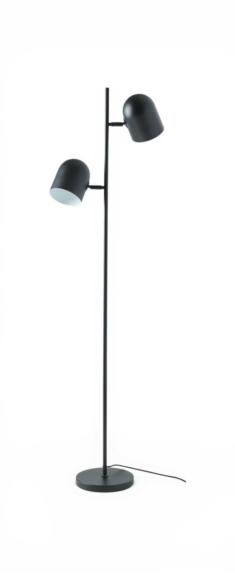 Sort gulvlampe med to justerbare lampeskærme og rund fod.