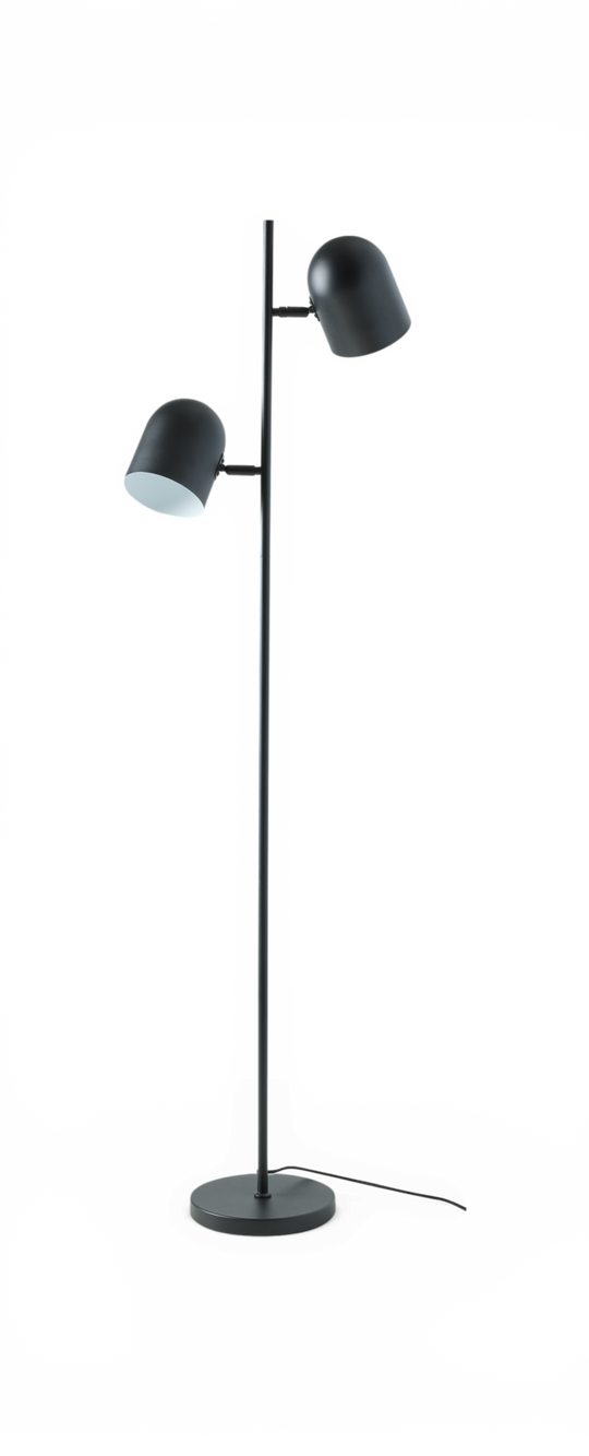 Sort gulvlampe med to justerbare lampeskærme og rund fod.