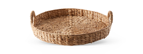 Rund flettet bakke/kurv i naturmateriale med to håndtag.
