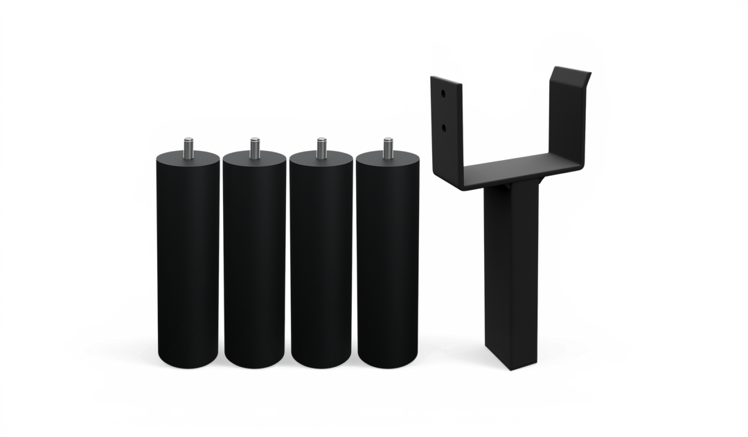 Sæt med fire sorte cylindriske møbelben med gevindbolte og et sort U-formet metalbeslag.