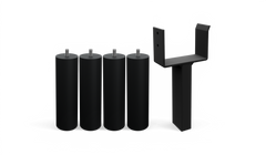 Sæt med fire sorte cylindriske møbelben med gevindbolte og et sort U-formet metalbeslag.