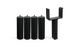 Sæt med fire sorte cylindriske møbelben med gevindbolte og et sort U-formet metalbeslag.