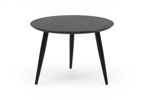 Rundt sort sidebord med tre slanke, tilspidsede ben.