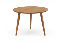 Rundt sidebord i eg med tre koniske ben.