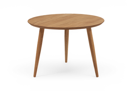 Rundt sidebord i eg med tre koniske ben.