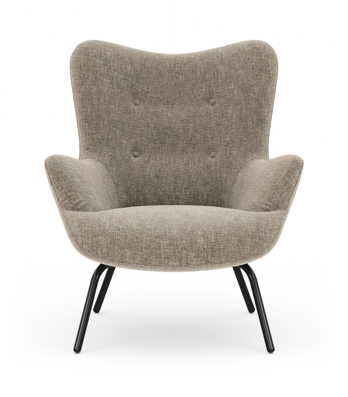 Beige loungestol med blødt buet høj ryg og armlæn, polstret i tekstil og med sorte metalben, frilagt på hvid baggrund set forfra.