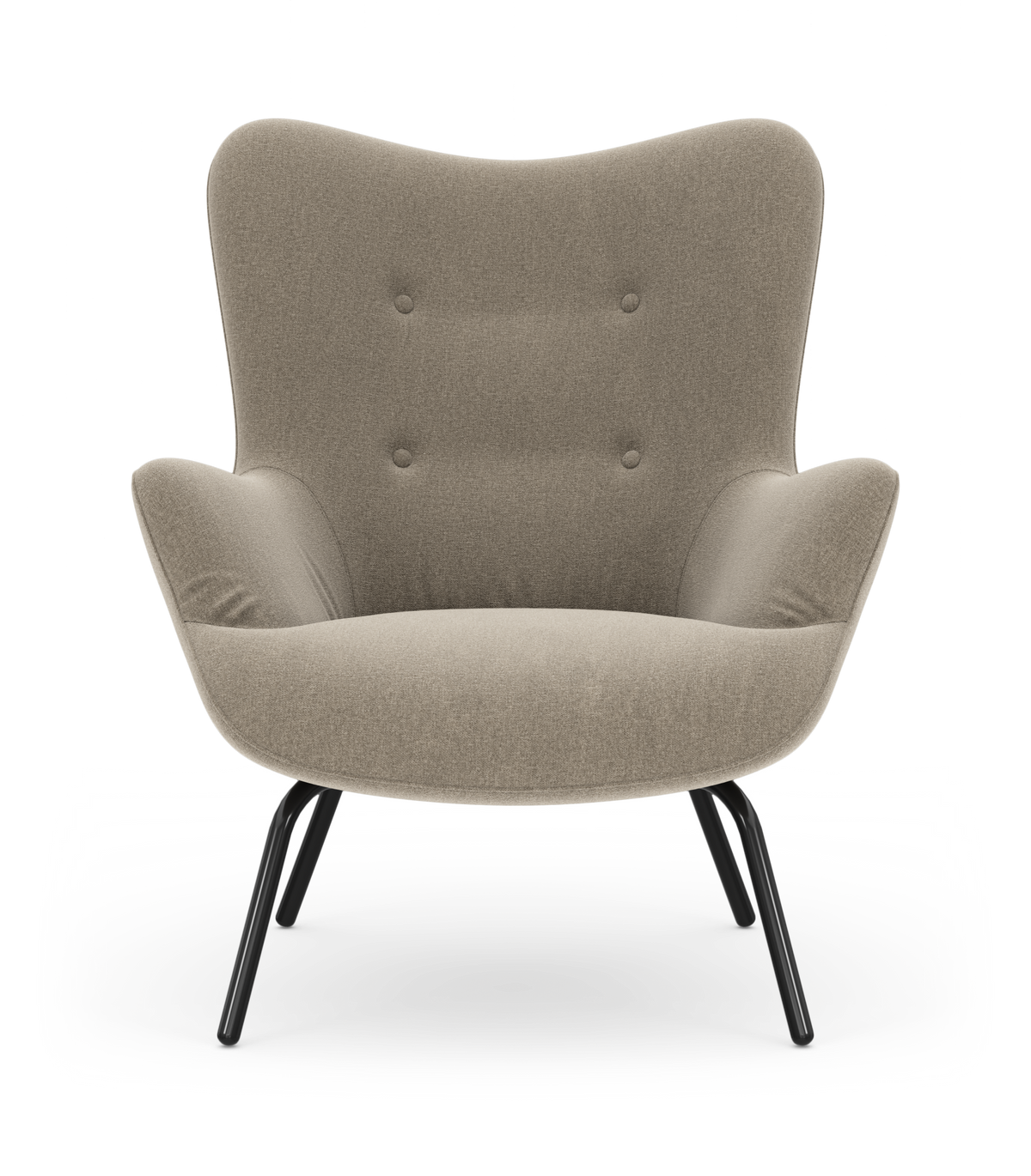 Beigefarvet lounge lænestol med sorte metalben, frontvisning på hvid baggrund.
