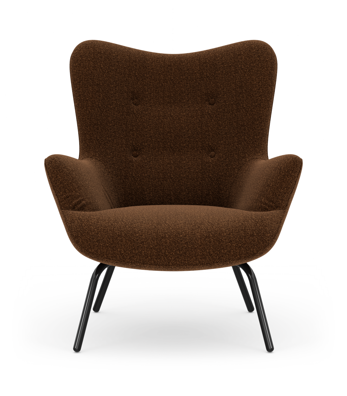 Brun polstret lounge lænestol med rund ryglæn med knapper og slanke sorte metalben, set forfra på hvid baggrund.