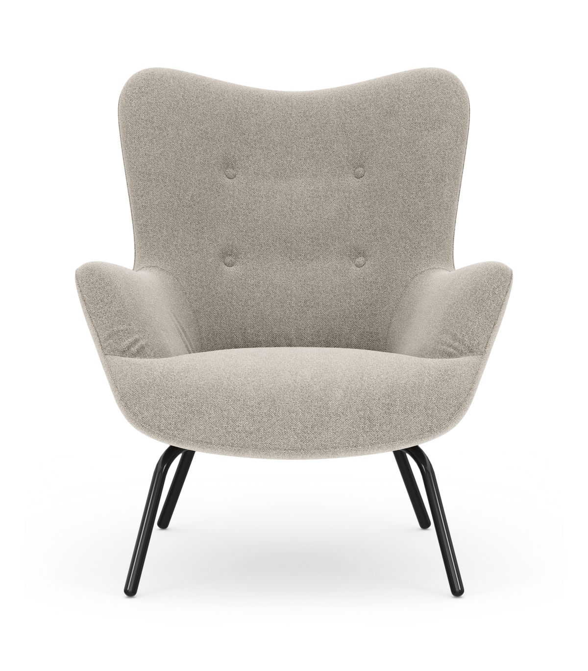 Beige loungestol med bløde, afrundede former og sorte metalben, frilagt på hvid baggrund.