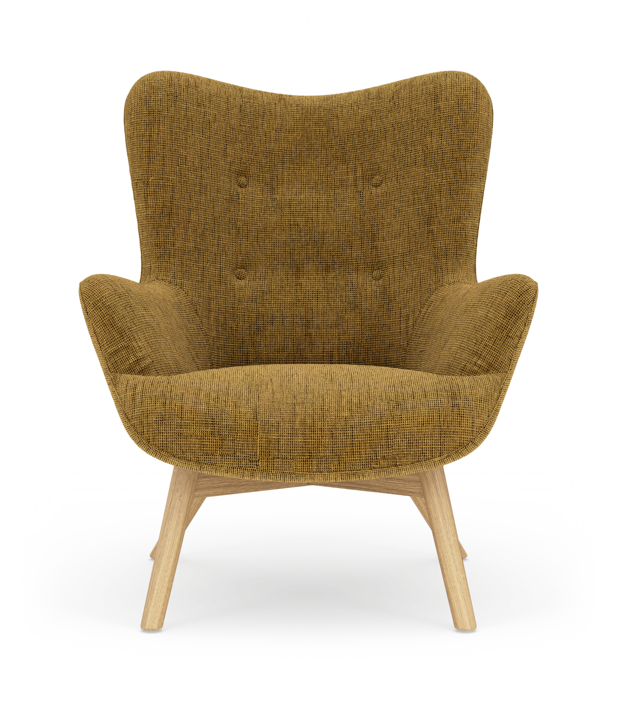 Sennepsgul lounge lænestol i stof med knapper i ryggen og lyse træben, frontvisning på hvid baggrund.