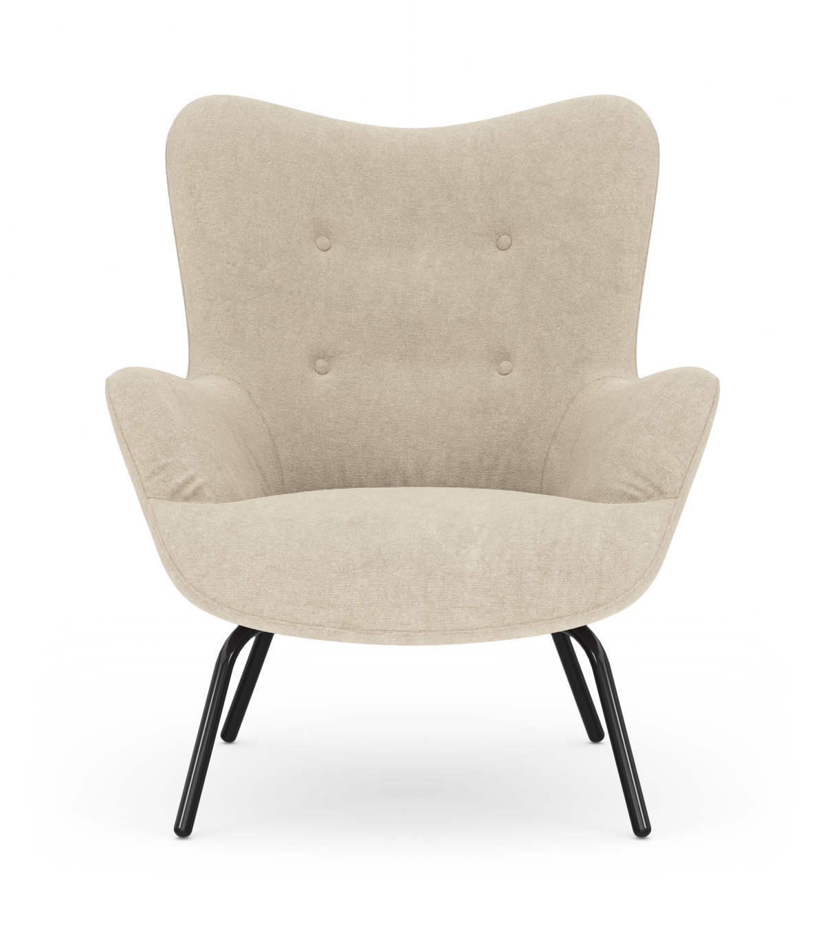 Beige loungestol med knappet ryglæn og sorte metalben, frilagt på hvid baggrund.
