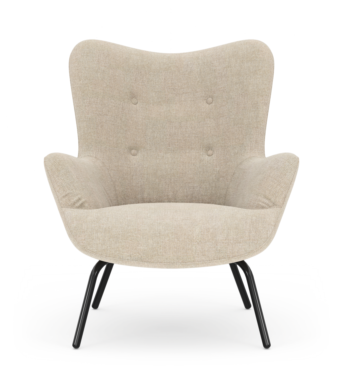 Beige loungestol med buet ryglæn, knapdetaljer og sorte metalben, set forfra på hvid baggrund.