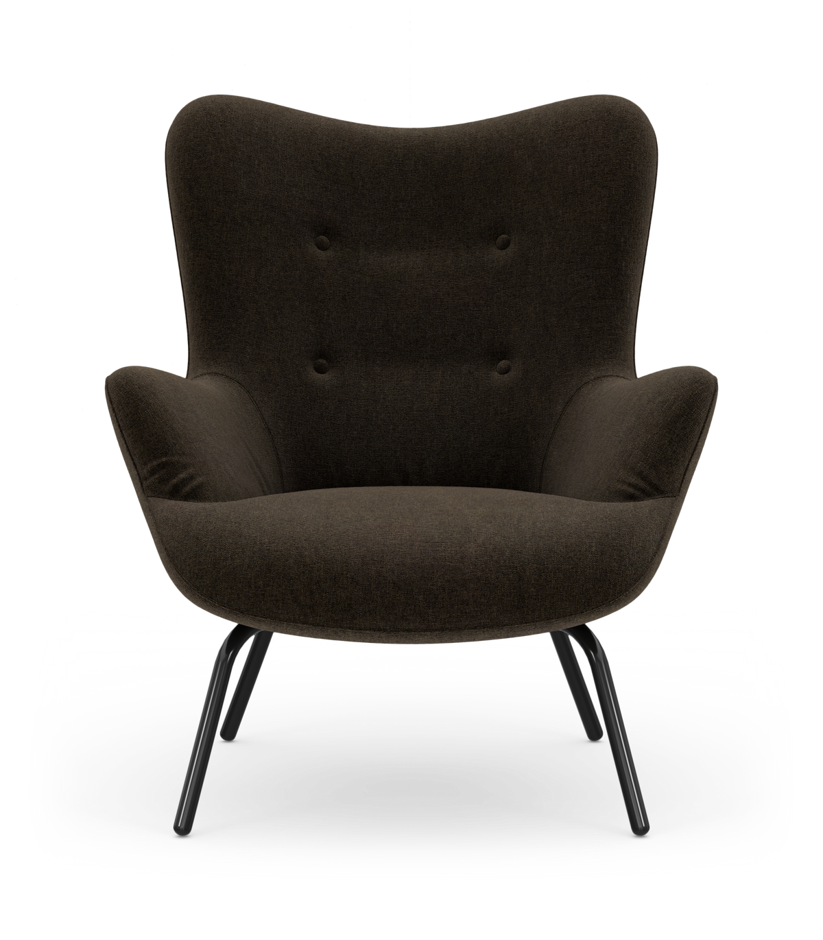 Mørkebrun lounge lænestol med buet ryg og fire sorte metalben, set lige forfra, frilagt på hvid baggrund.