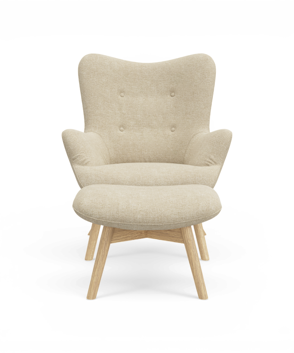 Beige lænestol i tekstil med knapdetaljer i ryggen og lyse træben, frontal visning i studie.