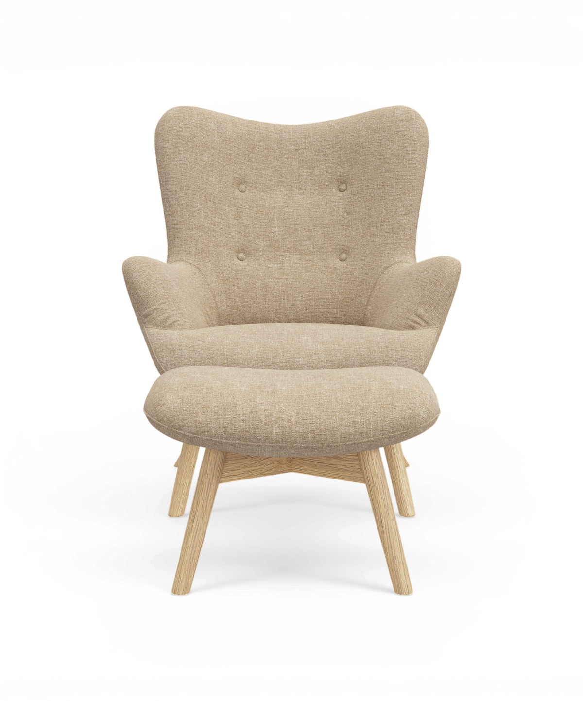 Beige lænestol i stof med træben set forfra, frilagt på hvid baggrund.